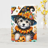 Carte Halloween de chiot maltais sorcière (Fleur jaune)