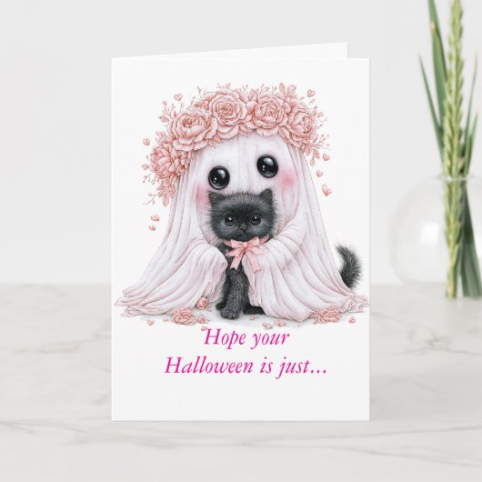Carte Halloween de fantôme et chaton adorable (Devant)