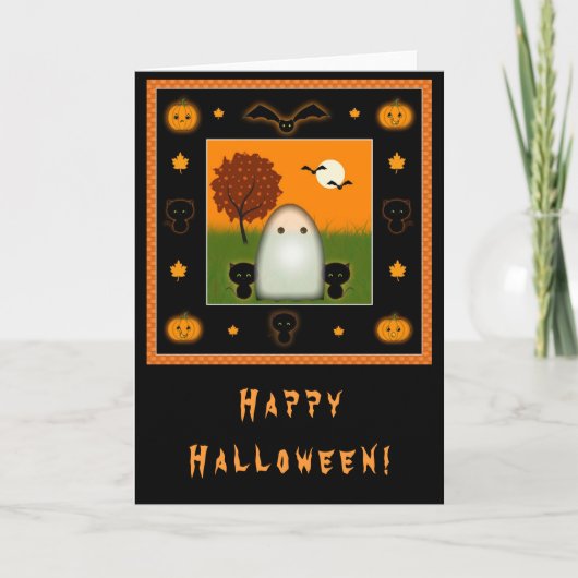 Carte Halloween de fantôme et chats mignons (Devant)