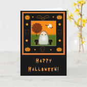 Carte Halloween de fantôme et chats mignons (Fleur jaune)