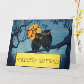 Carte Halloween de la Pleine lune de nuit de Owl Tree (Fleur jaune)