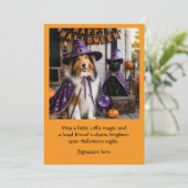 Carte Halloween de sorcier de Collie et chat migno (Debout devant)
