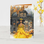 Carte Halloween de sorcière à la vitrine effrayant (Fleur jaune)