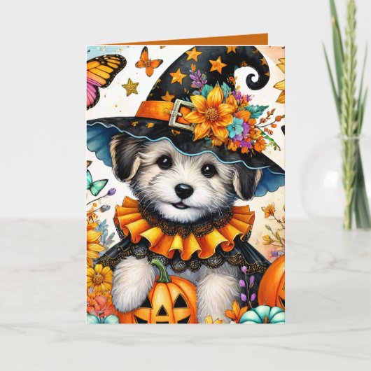Carte Halloween de sorcière avec un chiot maltais (Devant)