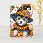 Carte Halloween de sorcière avec un chiot maltais (Fleur jaune)