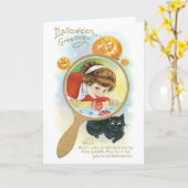 Carte Halloween démodé, Fille et chat noir (Fleur jaune)