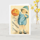 Carte Halloween démodée, Fille tenant un Citrouille (Fleur jaune)