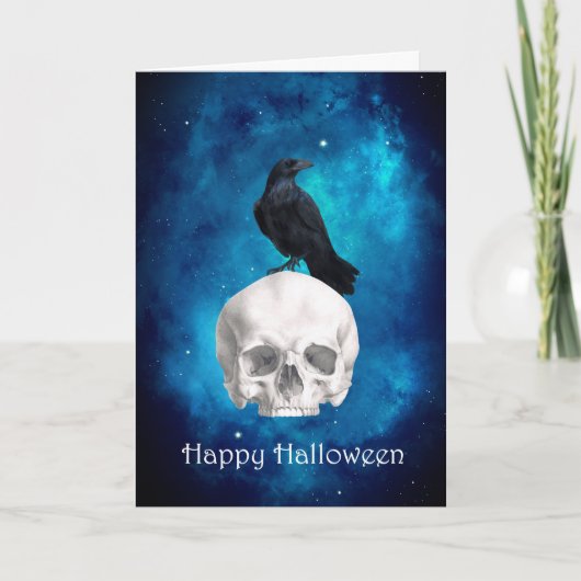 Carte Halloween éffrayant crâne corbeau heureux (Devant)