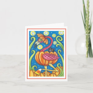 CARTE HALLOWEEN FLAMANT ROSE CHAT NOIR DANS CITROUILLE V