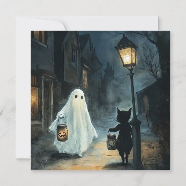Carte Halloween Ghost et Rencontre de chat (Devant)