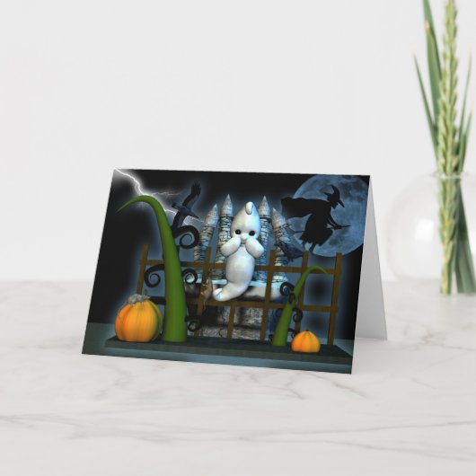 Carte Halloween Ghost Witch rats and crows, scared ghost (Devant)