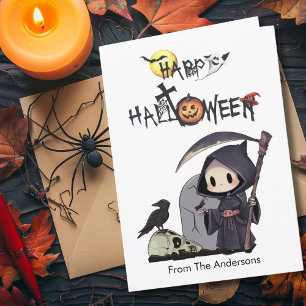 Carte Halloween gothique du corbeau éffrayant de faucheu