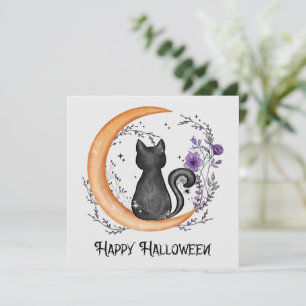 Carte Halloween heureux - Chat noir sur la lune de crois