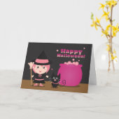 Carte Halloween heureux, sorcière rose mignonne et chat  (Fleur jaune)