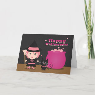 Carte Halloween heureux, sorcière rose mignonne et chat 