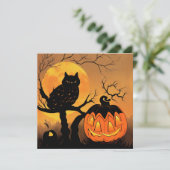 Carte Halloween. Hibou dans l'arbre avec citrouille. Lun (Debout devant)