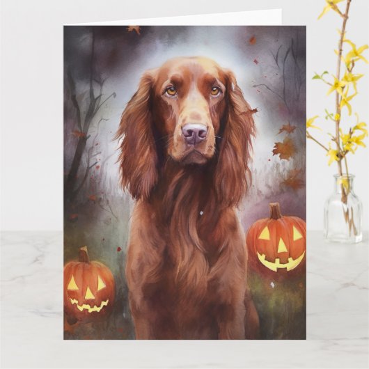 Carte Halloween Irish Red Setter avec citrouilles effray (Fleur jaune)