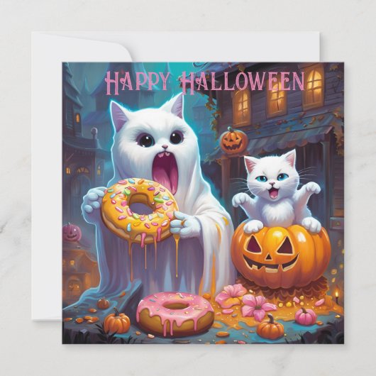 Carte Halloween joyeuses - Cute Kitten et Ghost mangent (Devant)