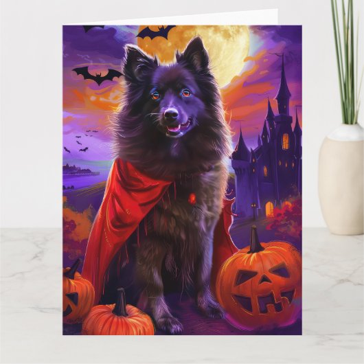 Carte Halloween Keeshond Vampire Citrouilles effroi (Devant)