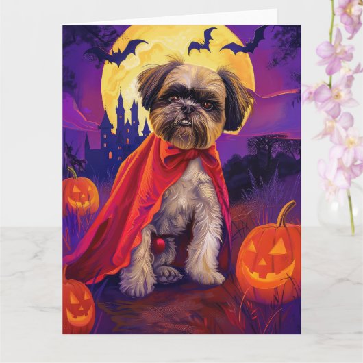 Carte Halloween Lhasa Apso Vampire Citrouilles effroi (Orchidée)