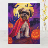 Carte Halloween Lhasa Apso Vampire Citrouilles effroi (Fleur jaune)