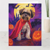 Carte Halloween Lhasa Apso Vampire Citrouilles effroi (Devant)