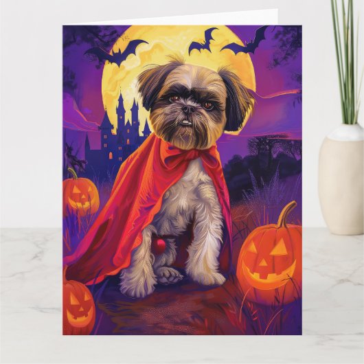 Carte Halloween Lhasa Apso Vampire Citrouilles effroi (Devant)