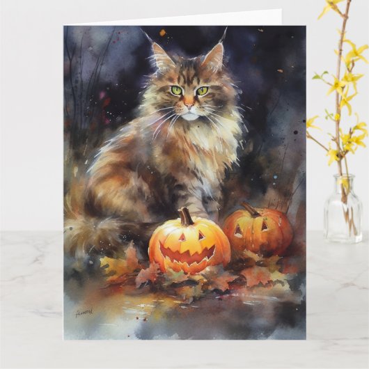 Carte Halloween Maine Coon Chat Avec Crainte Citrouille (Fleur jaune)