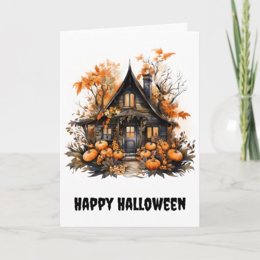 Carte Halloween Maison hantée avec Citrouilles & Foliage (Devant)