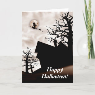 Carte Halloween Maison hantée avec sorcière sur la chamb