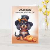 Carte Halloween mignon chien noir porter Casquette avec (Fleur jaune)