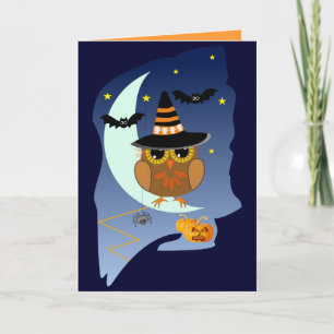 Carte Halloween mignonne avec Chouette, chauves-so