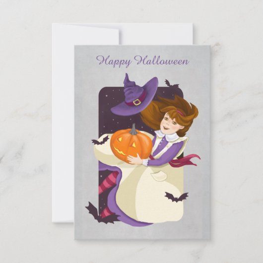 Carte Halloween mignonne sorcière avec Citrouille (Devant)