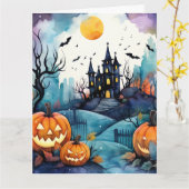 Carte Halloween Night Jack O’Lanterns Bats Lune Fantôme (Fleur jaune)