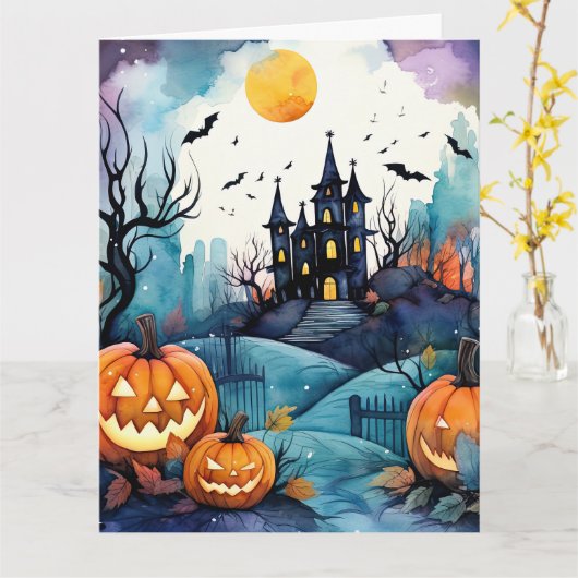 Carte Halloween Night Jack O’Lanterns Bats Lune Fantôme (Fleur jaune)