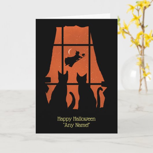 Carte Halloween N'importe quel nom Chats et sorcière mig (Fleur jaune)