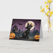 Carte Halloween Noir Chat Nuit Sortie (Fleur jaune)