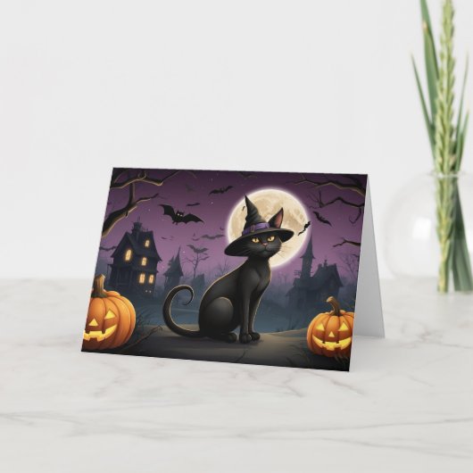 Carte Halloween Noir Chat Nuit Sortie (Devant)