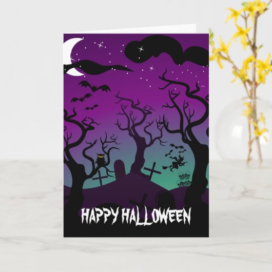 Carte Halloween noir, violet, turquoise (Fleur jaune)