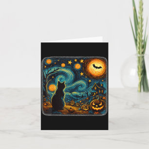 Carte Halloween Nuit Étoilée Chat Noir Citrouilles Art H