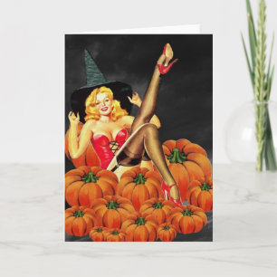Carte Halloween Pin-up Girl sur Citrouille