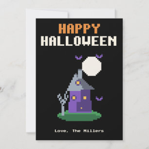 Carte Halloween pixel art de maison hantée