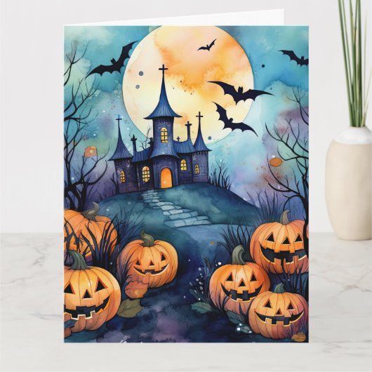 Carte Halloween Pleine lune de nuit Jack O’Lanterns Bats (Devant)
