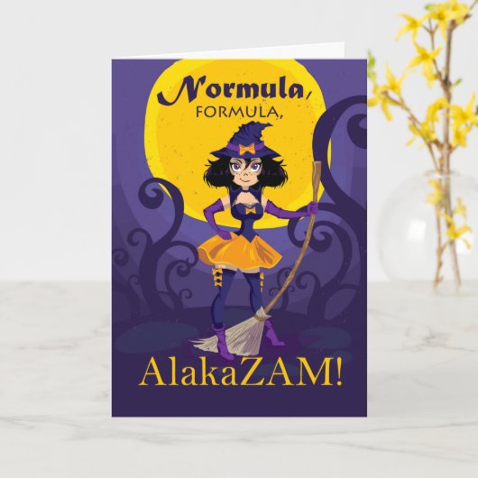 Carte Halloween pour mari, sorcière mignonne avec sort (Fleur jaune)