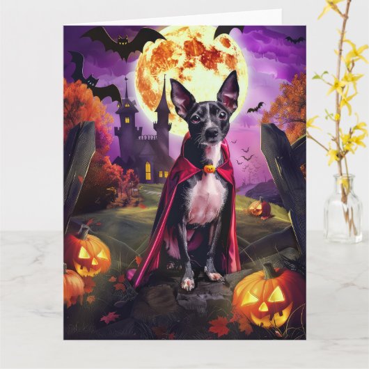 Carte Halloween Rat Terrier Vampire Citrouilles effroi (Fleur jaune)