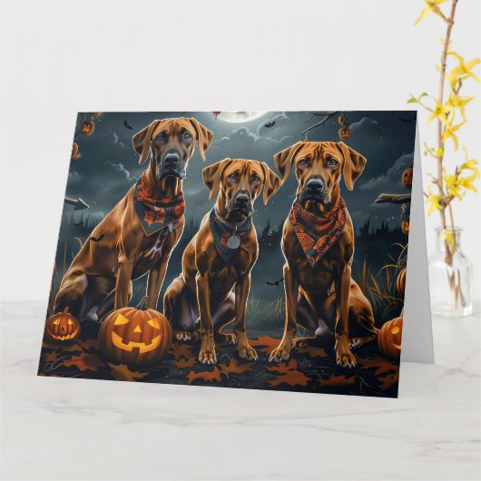 Carte Halloween Rhodesian Ridgeback Éffrayant (Fleur jaune)