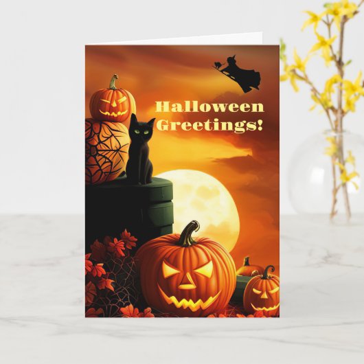 Carte Halloween salutations avec sorcière de chat noir (Fleur jaune)