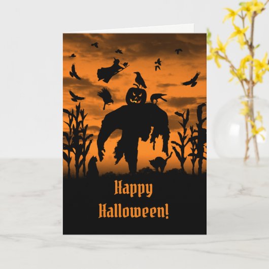 Carte Halloween Scarecrow Jack-o'-lantern Witch Ravens (Fleur jaune)