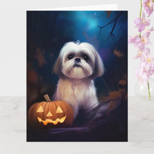 Carte Halloween Shih Tzu Avec La Peur Citrouille (Orchidée)