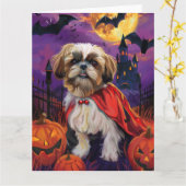 Carte Halloween Shih Tzu Vampire Citrouilles effroi (Fleur jaune)